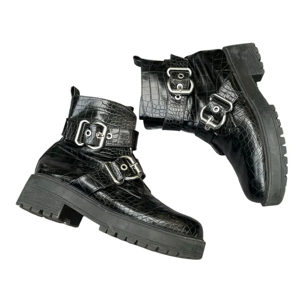 Chunky Moto Goth Punk Rock Aldo Black Patent Mock Croc Combat Boots Size 8.5
